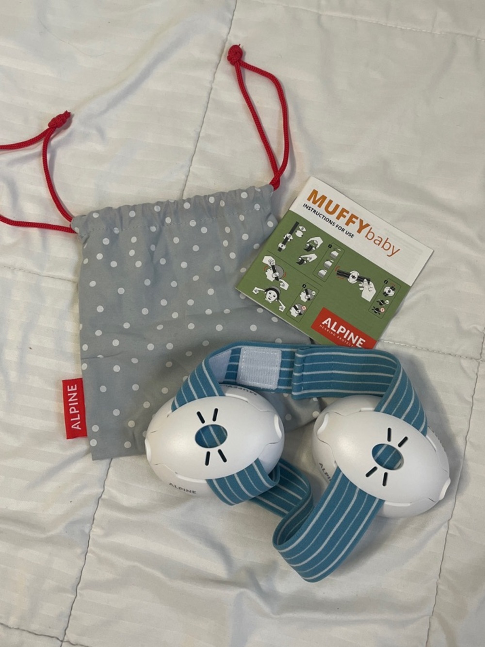 Alpine Kids Ear Protection Headphones in Blue and White with Polka Dot Pouch
